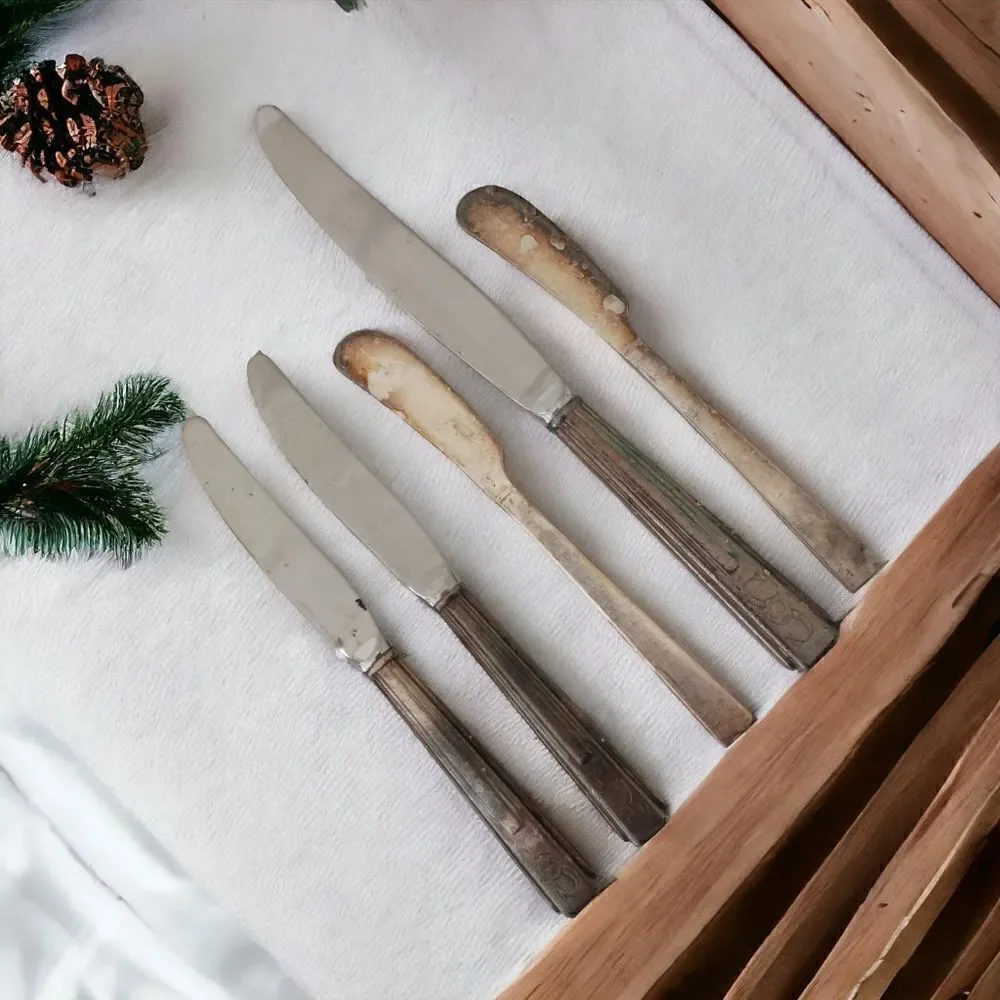 Vintage Sheraton Hotel Flatware Silver Plate‎ Logo Knives Knife Set Of 5 Mixed.